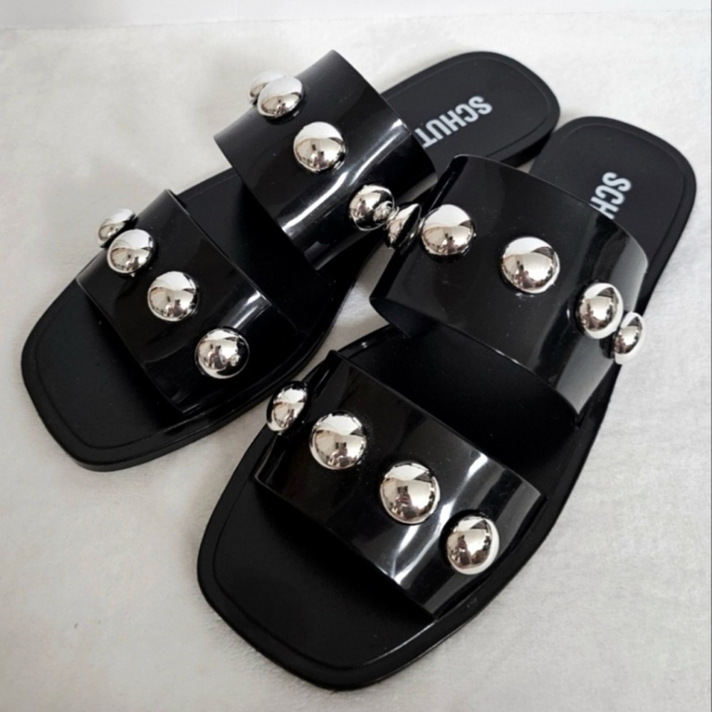 Schutz Black Silver Toned Embellished Lizzie Dual Strap Slide Sandals